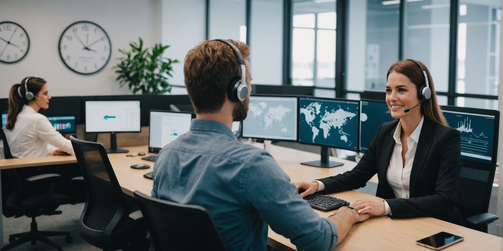 Virtual receptionist at modern desk with multiple screens.