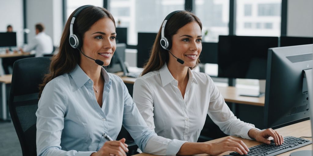 Virtual receptionist at desk with headset