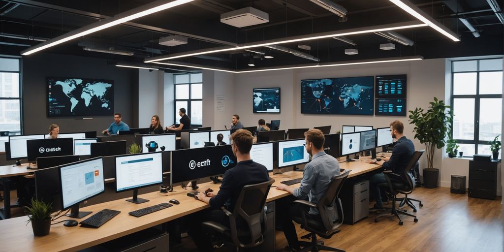 Digital agency team using AI tools in modern office.