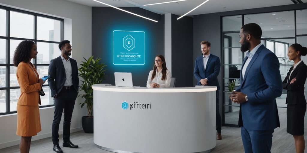 AI receptionist helping clients in a modern office.