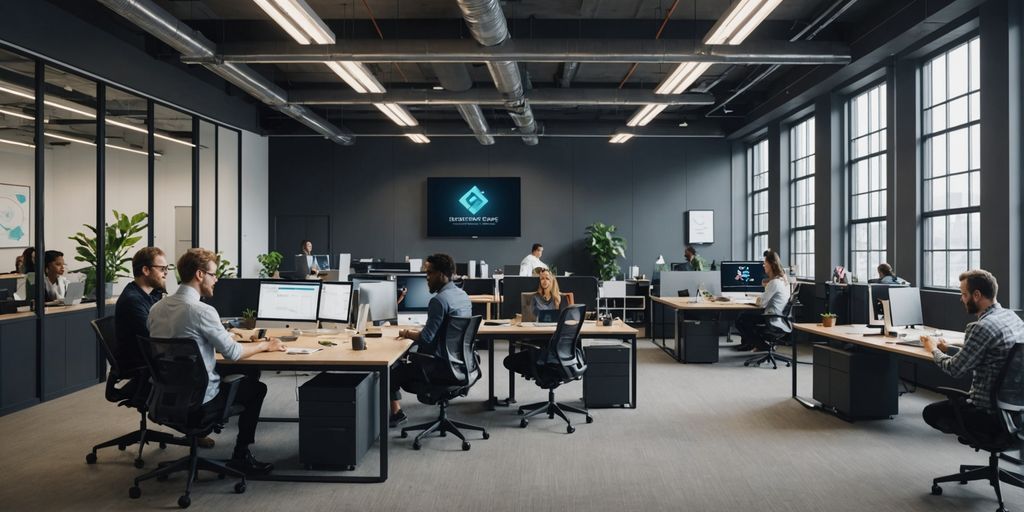 Team collaborating in modern office with AI tools