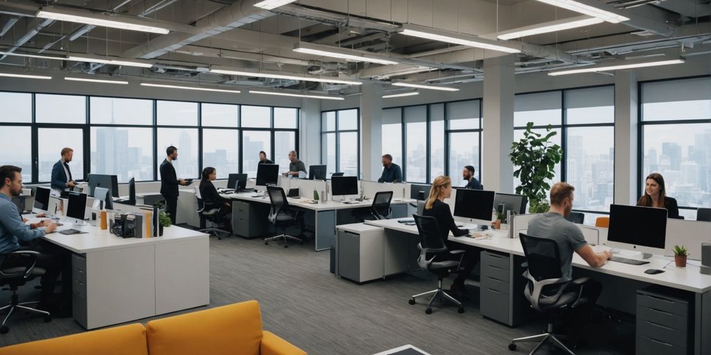 Team collaborating in modern office with advanced technology.