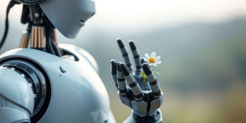 Robot holding a delicate flower gently.