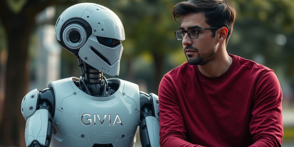 Human and robot sitting thoughtfully in a park