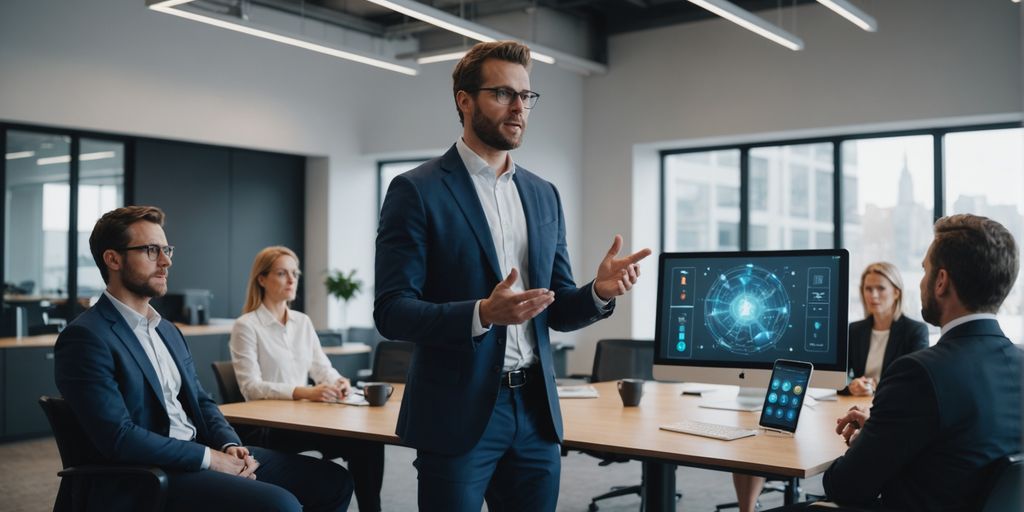 Businessperson presenting AI phone automation to clients.