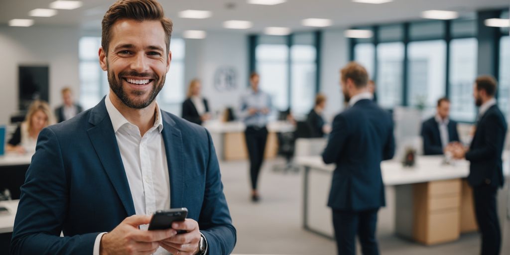 Businessperson holding smartphone in office.