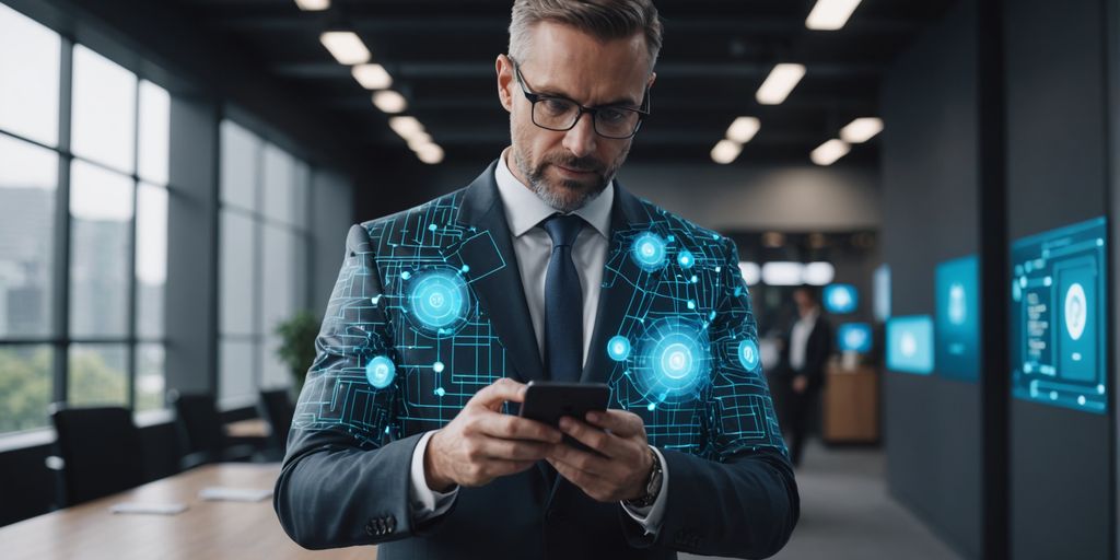 Businessperson with AI phone automation hologram