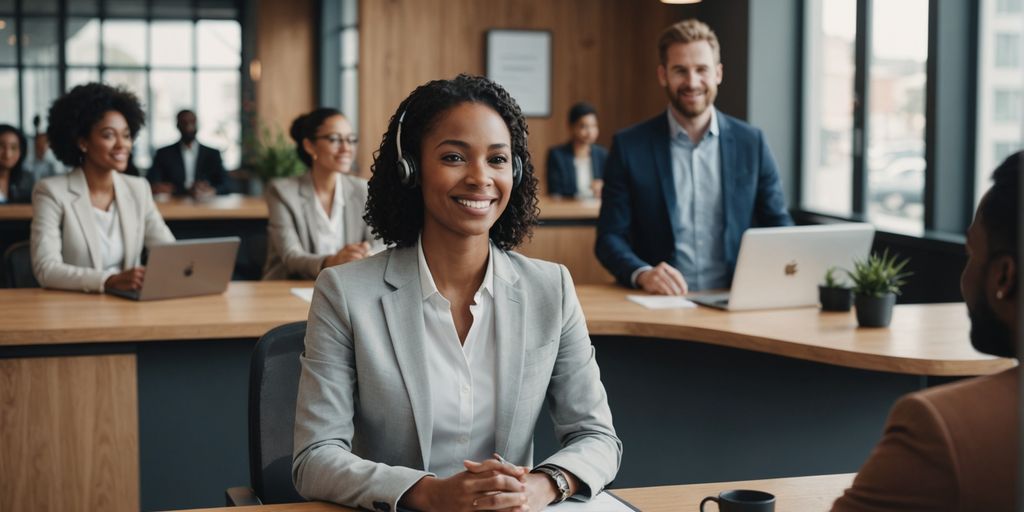 AI receptionist with diverse people communicating