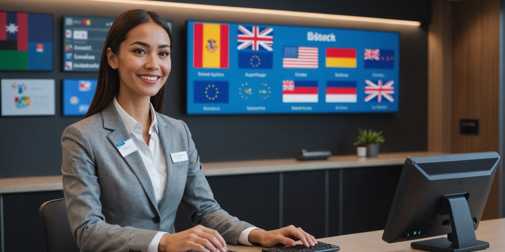 AI receptionist with holographic language displays