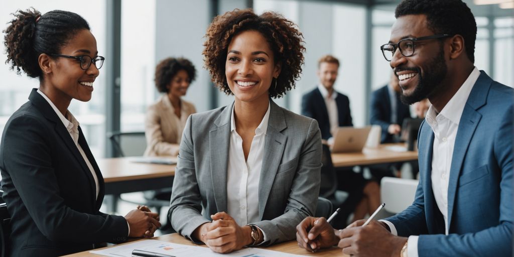 AI receptionist with diverse people at office desk.