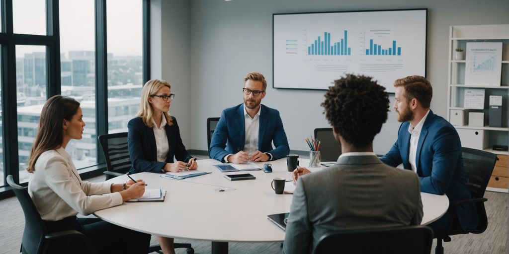 Diverse team in a business meeting discussing AI strategies.