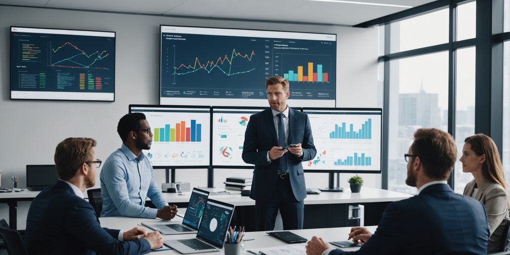 Business professionals discussing AI solutions in an office.