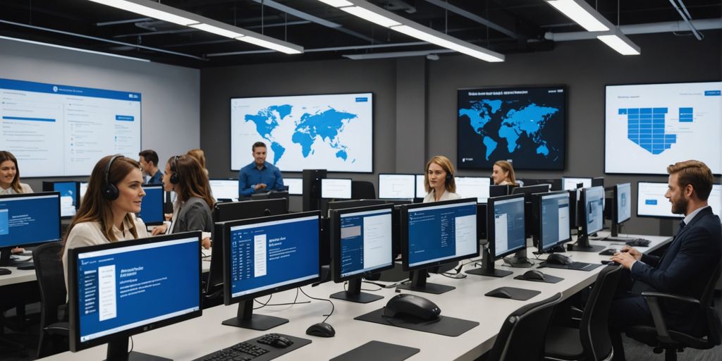 AI-powered customer service center with busy agents.