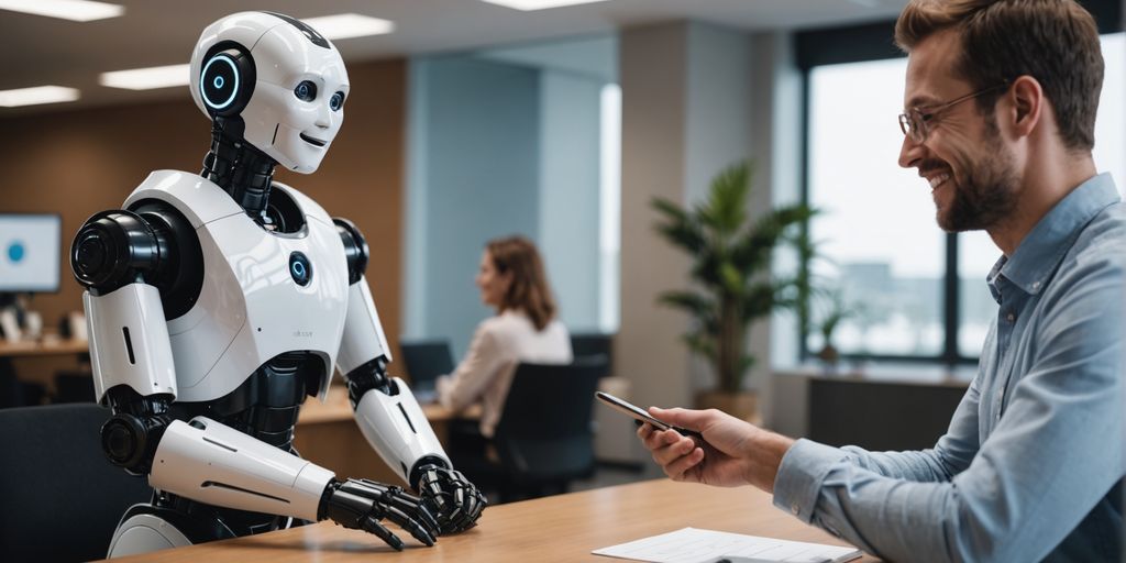 AI robot with happy customer in modern office