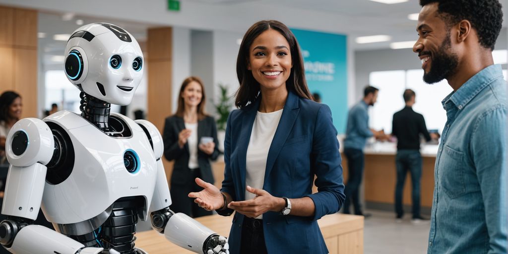 AI robot with happy customers in service center