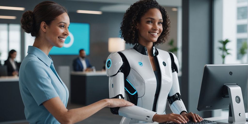 AI robot receptionist with a customer