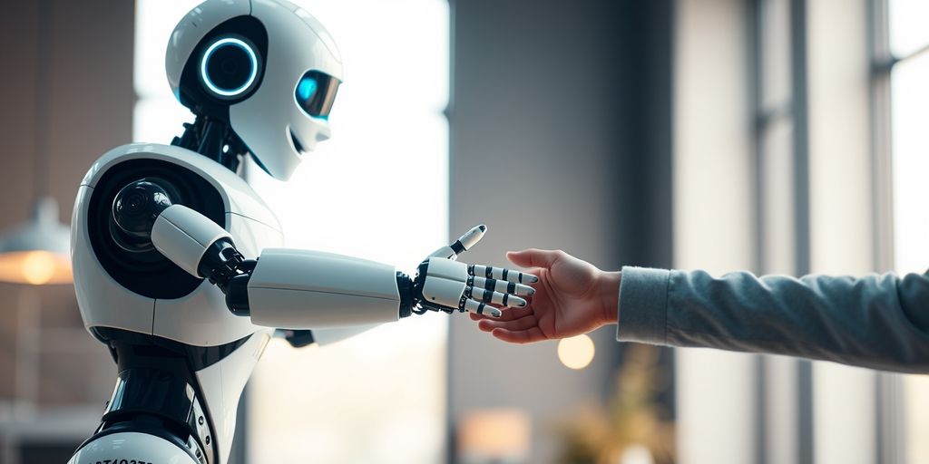 AI robot shaking hands with a human