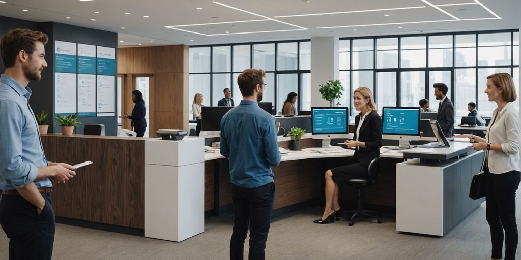 AI receptionist assisting visitors in a busy office