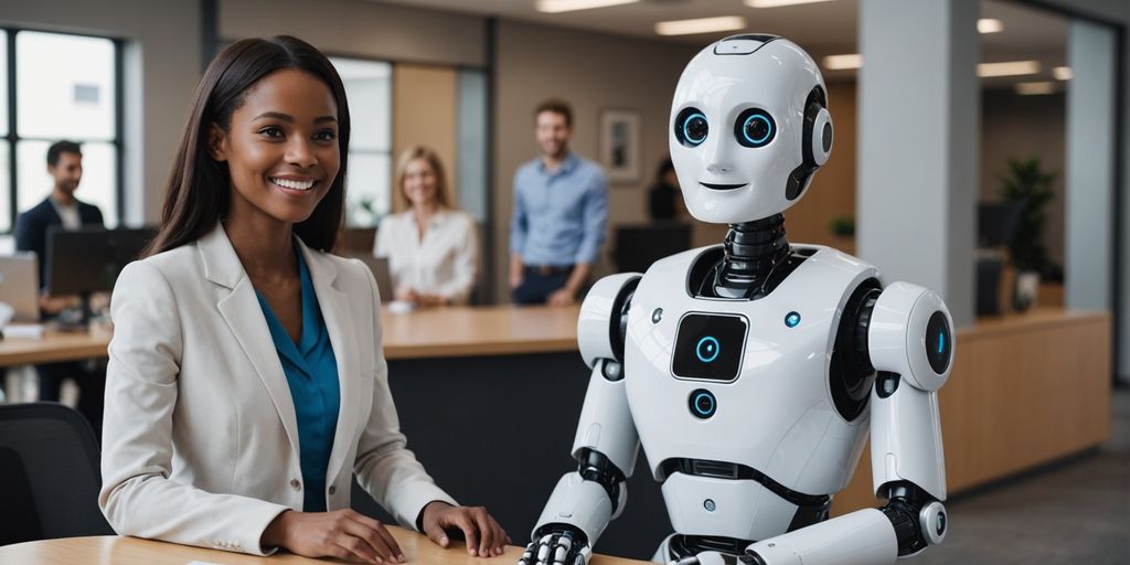 AI receptionist robot with smiling people at office.