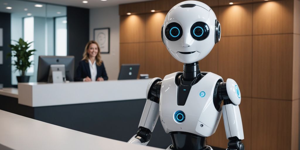 AI receptionist robot at a modern desk