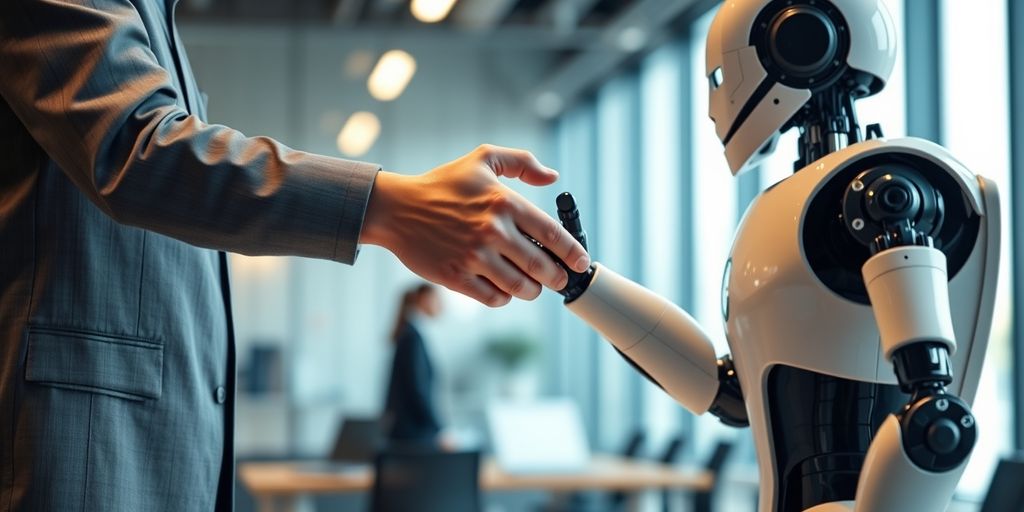 Human and robot shaking hands in office