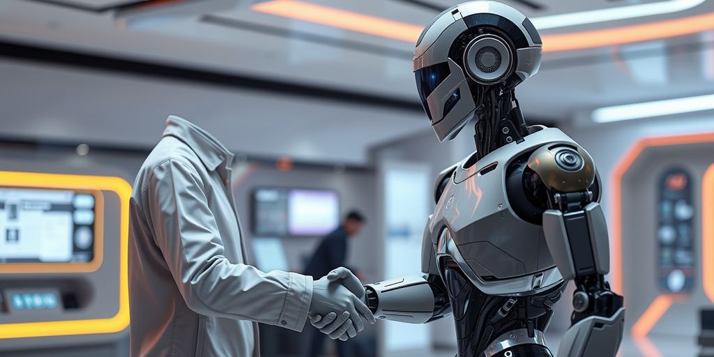 Human and robot shaking hands in a futuristic setting.