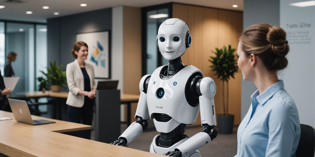 AI robot receptionist in a modern office.