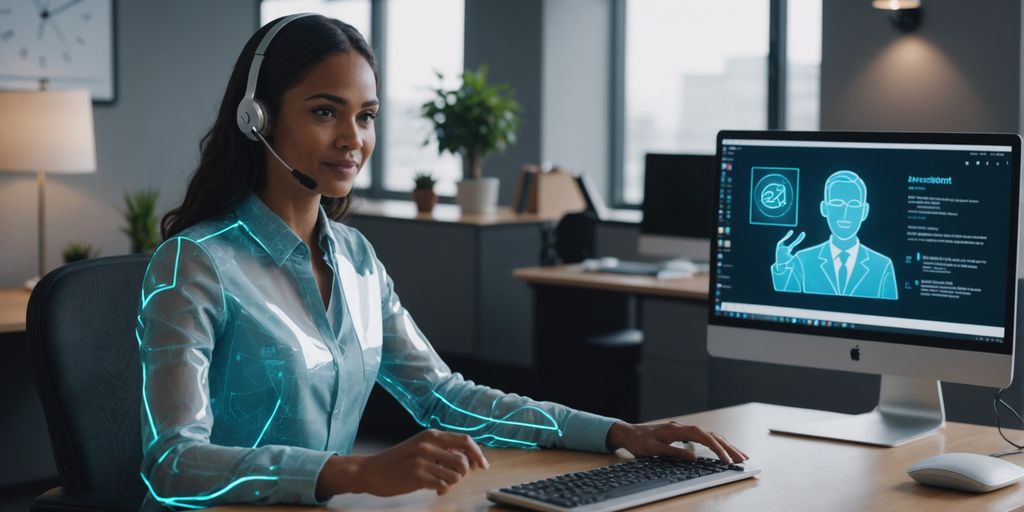 AI receptionist hologram at office desk