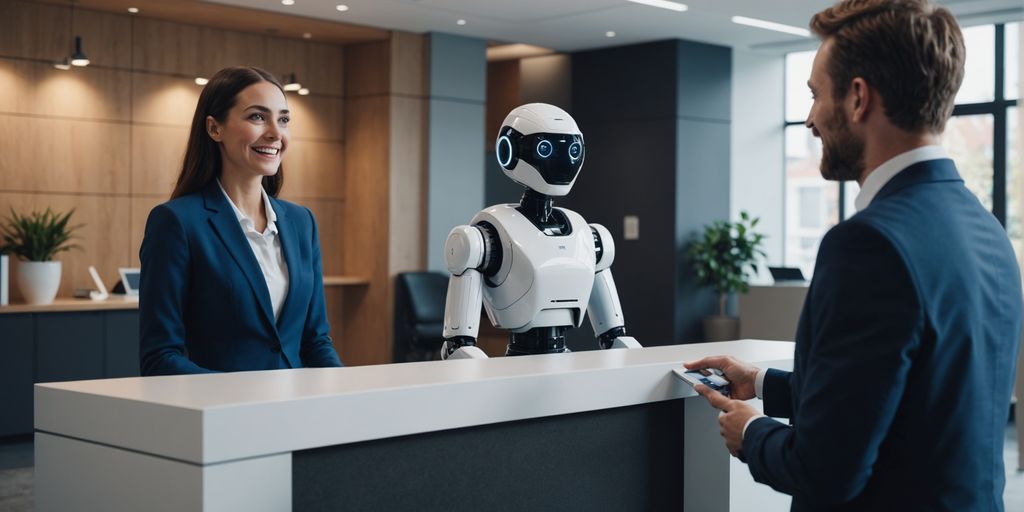 AI robot receptionist greeting a visitor in an office.