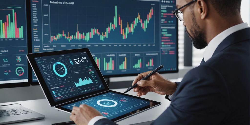 Businessperson with tablet and AI graphics