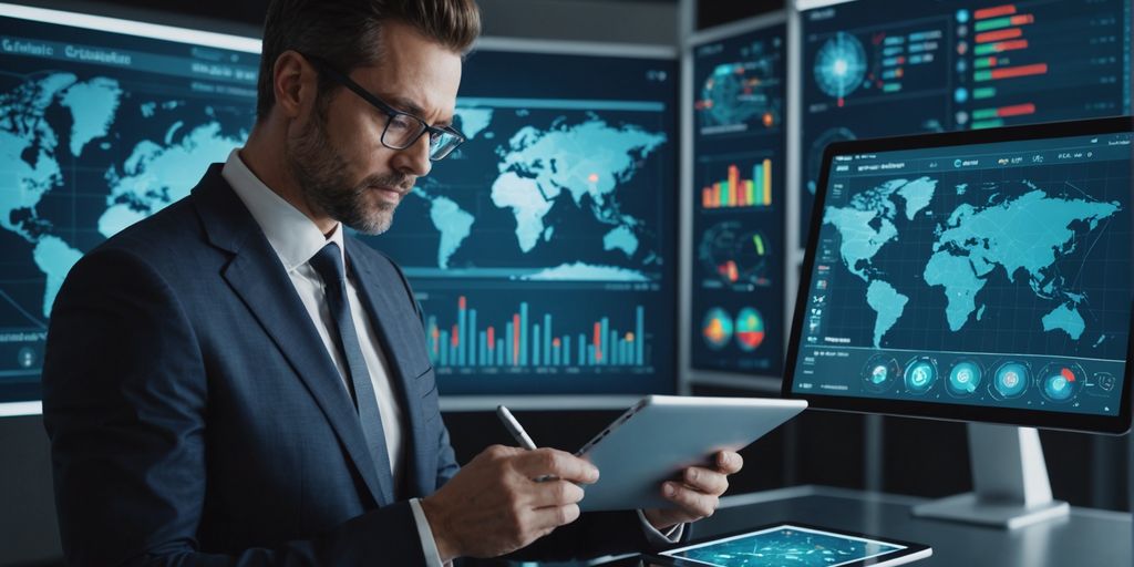 Businessperson analyzing AI data on tablet