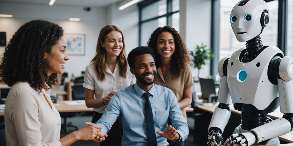 People interacting with a friendly AI robot.