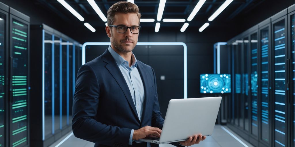 Entrepreneur with laptop in AI server room.