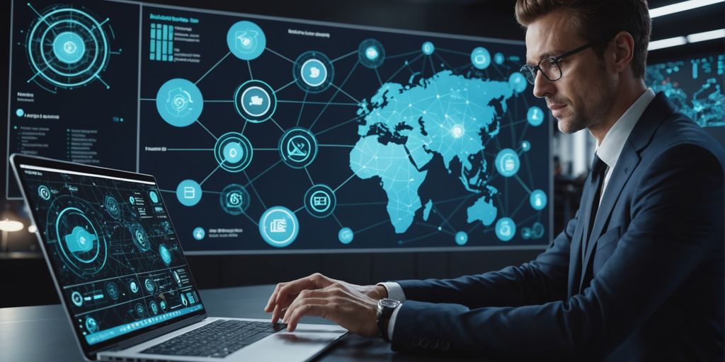 Businessperson analyzing AI data on laptop with futuristic graphics.