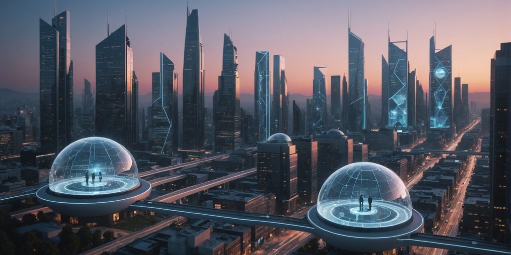 AI holograms interacting with humans in a futuristic city.