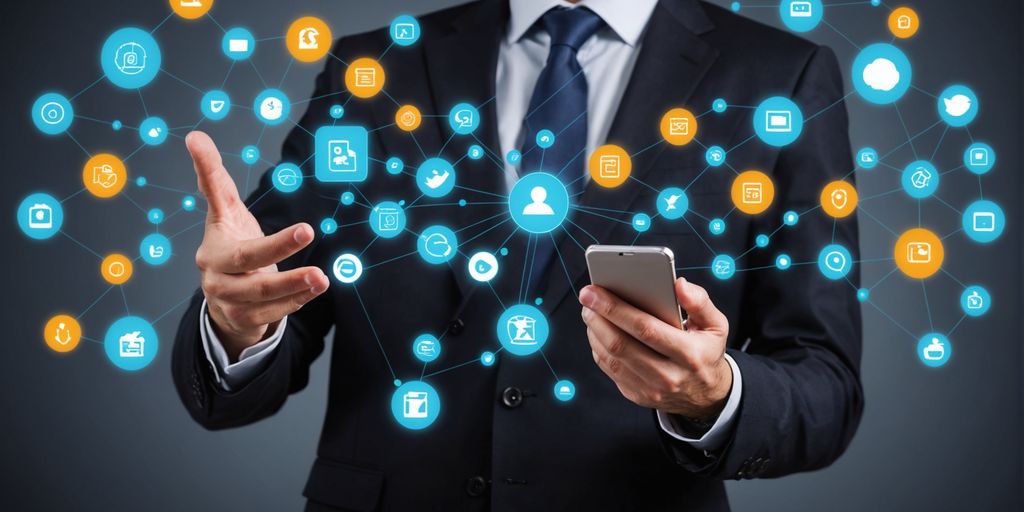 Businessperson with smartphone and tech icons.