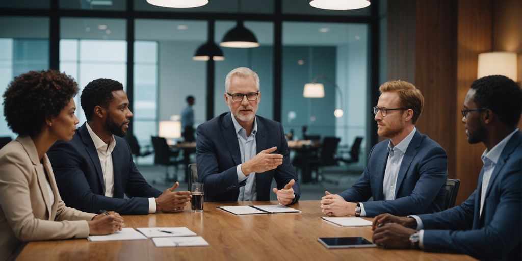 Business professionals discussing with AI presence.