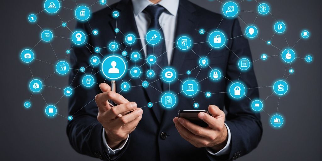 Business professional with AI technology icons and smartphone.