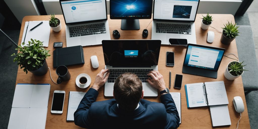 Person working with phone technology in office.