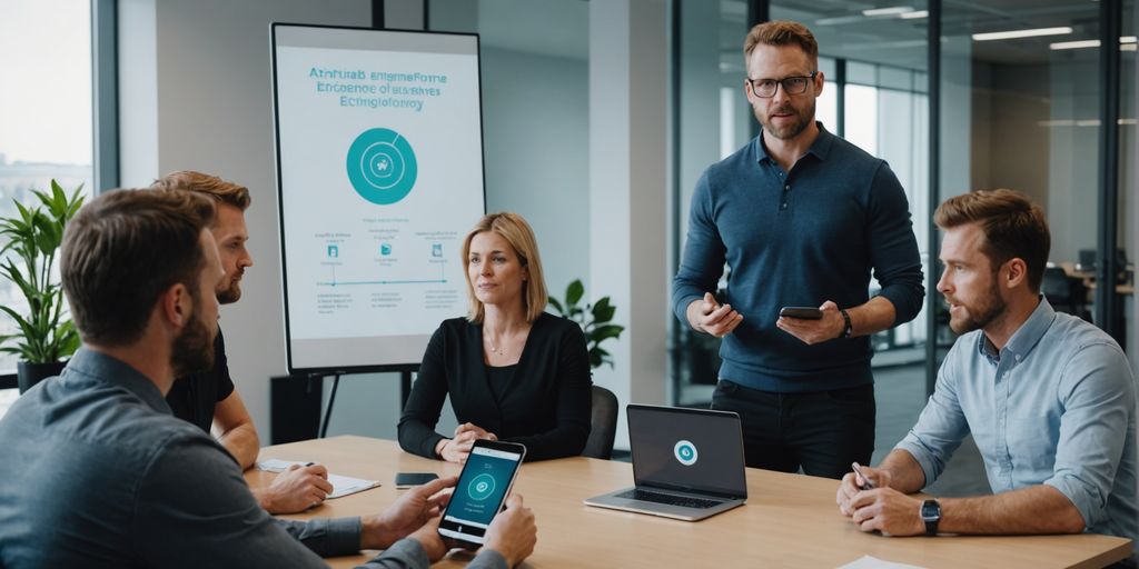 Trainer showing phone tech to clients