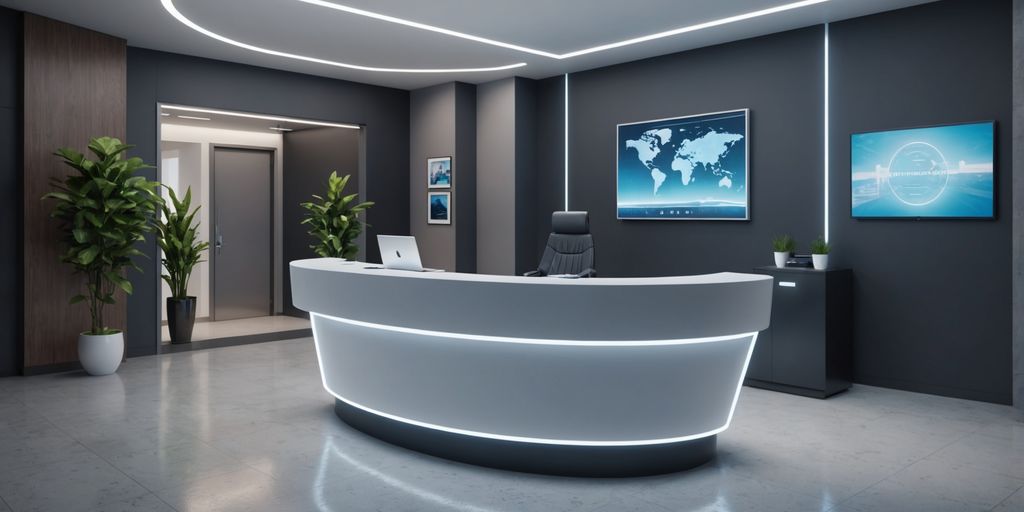 Futuristic office reception with hologram receptionist