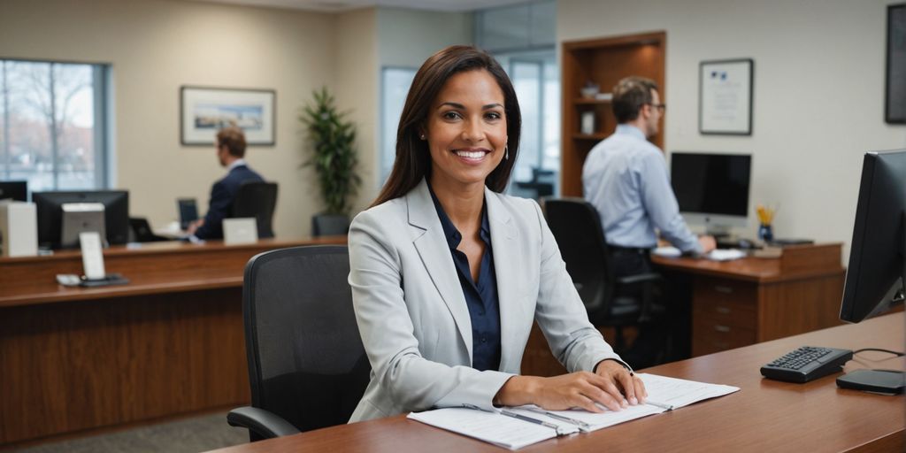 Receptionist assisting a client in a modern office.