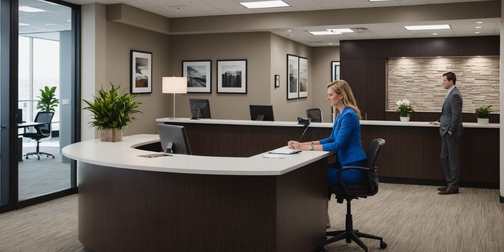 Modern office reception with receptionist and client
