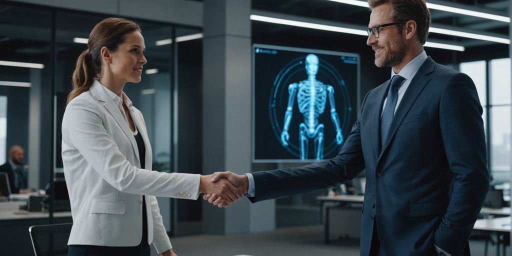 Businessperson shaking hands with client, AI hologram behind.