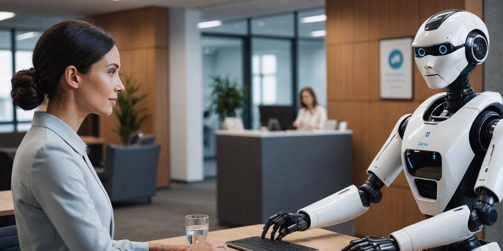 AI robot and human receptionist with customer