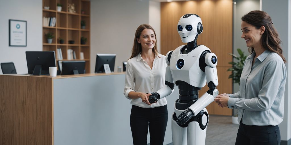 AI robot and human receptionist in modern office