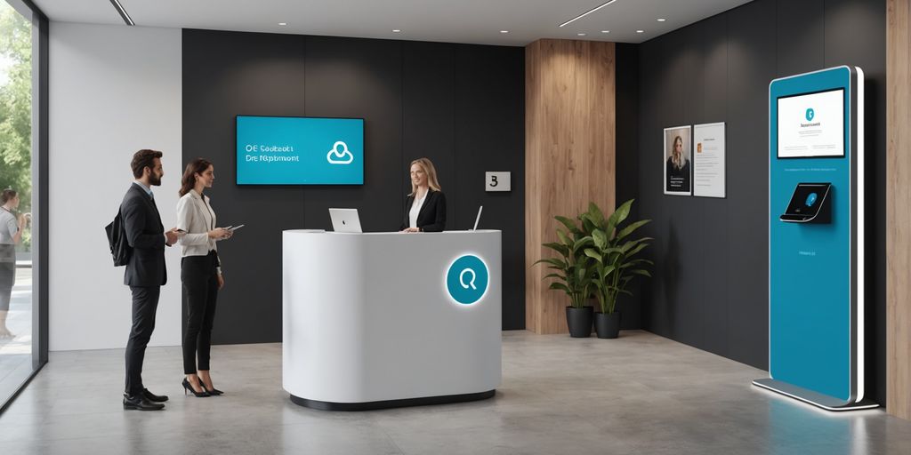 AI and human receptionists in a modern office