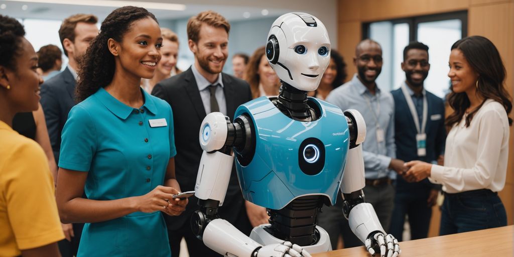 AI robot at reception desk with diverse people