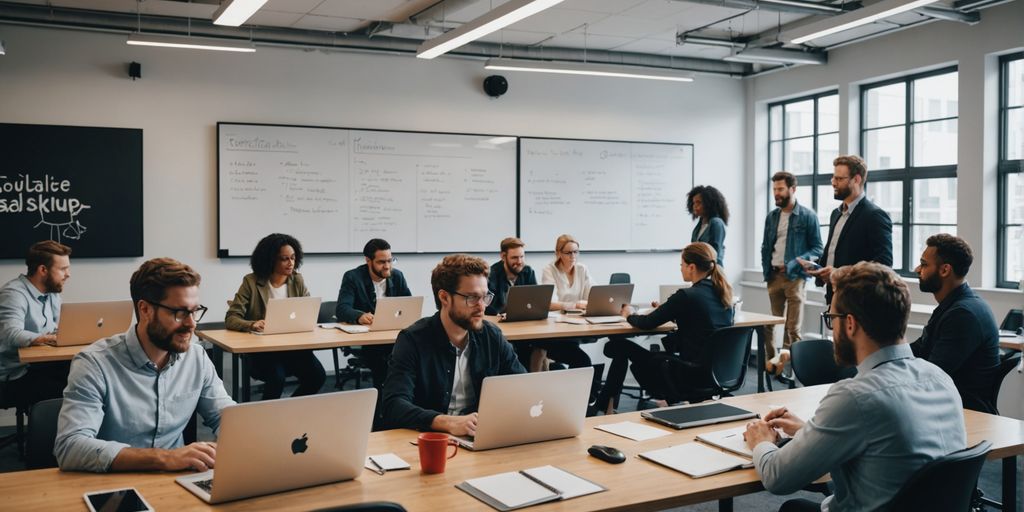 Team collaborating in modern office on AI SaaS project.