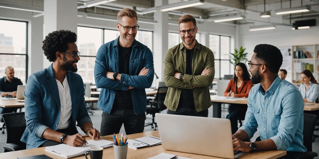 Professionals in casual attire collaborating in a modern office.